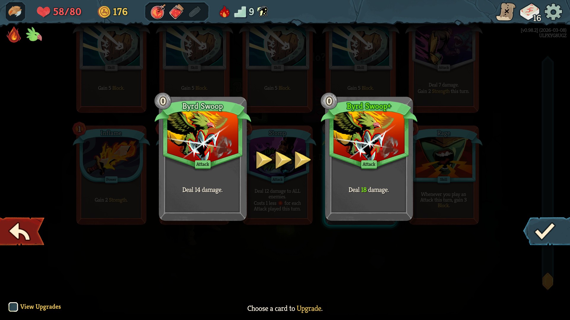 Slay the Spire 2 - Upgrading the Byrd Swoop card from 14 to 18 damage