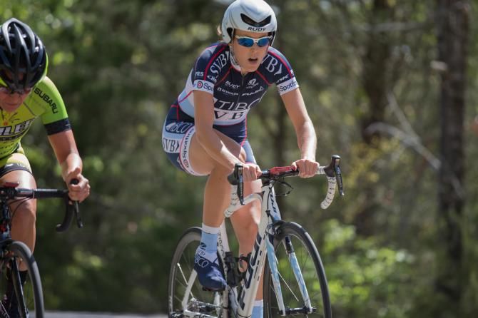 TIBCO rider Rushlee Buchanan overtakes her 30-second rider on the uphill time trial.