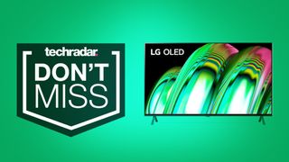LG A2 OLED TV on green background with don't miss text overlay