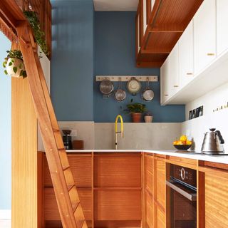 kitchen area with wooden floor and blue wall and marble counter