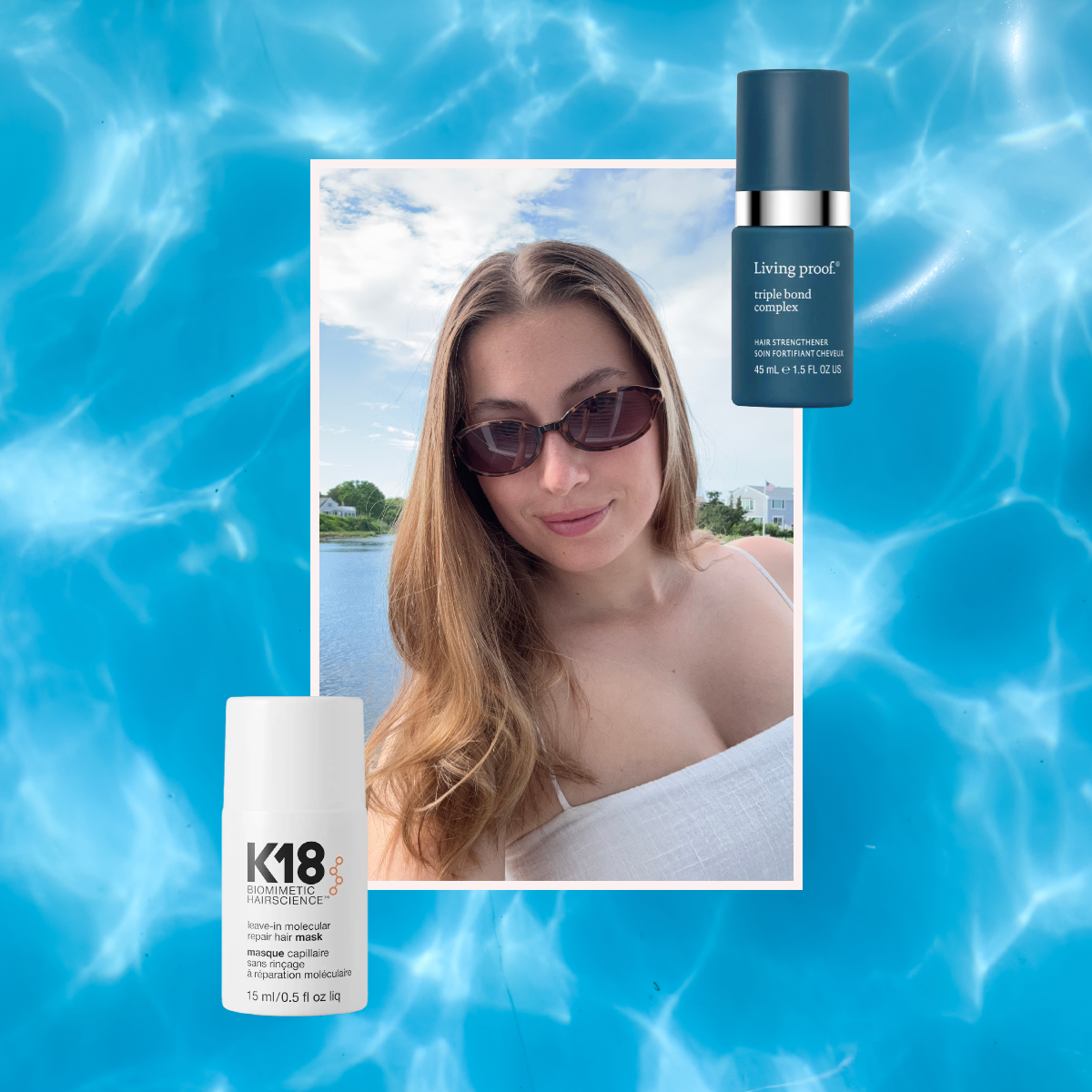 a water background with a woman in a frame with sunglasses in front of a lake next to two hair repair products