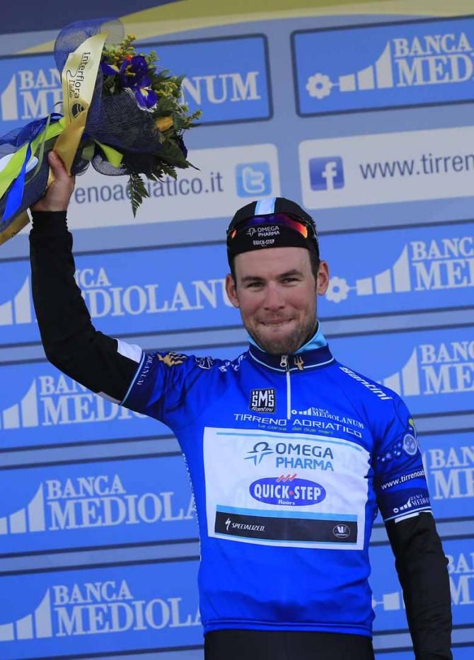 Mark Cavendish (Omega Pharma-QuickStep) in the blue jersey of overall leader of Tirreno-Adriatico.