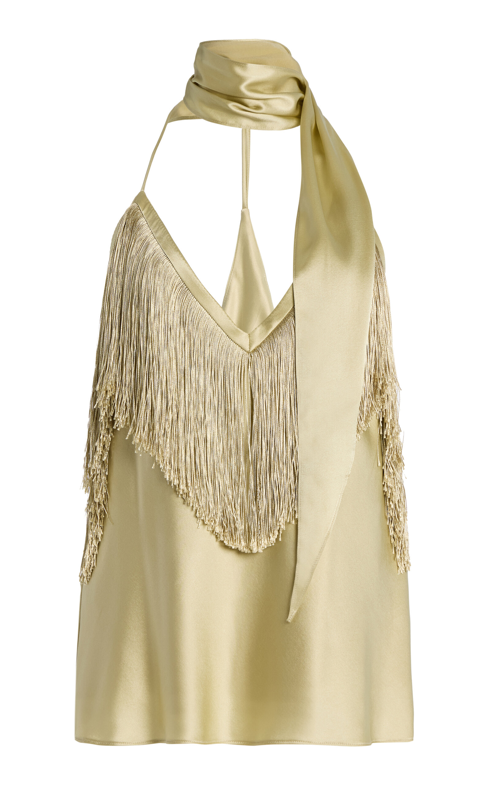 Exclusive Sirocco Scarf-Neck Fringed Silk-Blend Satin Top