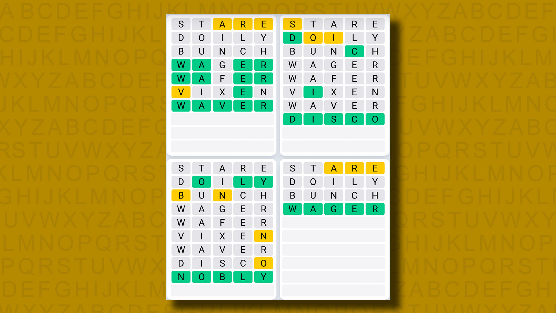 Quordle daily sequence answers for game 882 on a yellow background