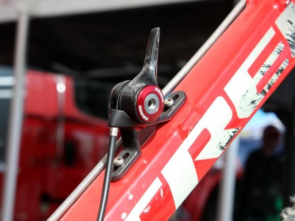 Brandon Semenuk has a single SRAM bar-end shifter mounted to his down tube to free up the bar area from clutter during tricks.