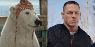 Yoshi, a polar bear, left, is voiced by John Cena, right, in Dolittle