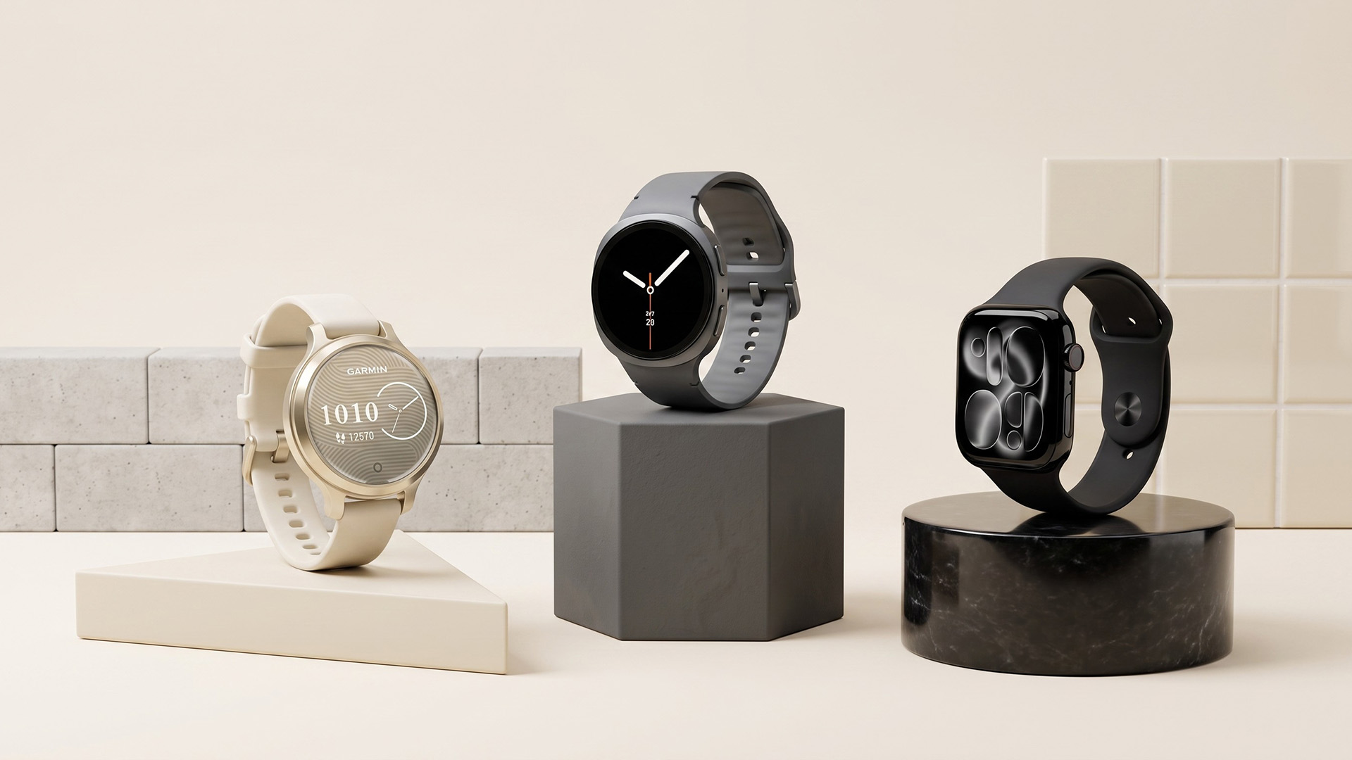 Smartwatches by Apple, Samsung, and Garmin.