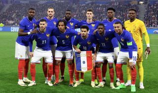 France Euro 2024 squad Players of Team France, Marcus Thuram #15, Adrien Rabiot #14, Dayot Upamecano #4, Benjamin Pavard #2, Aurelien Tchouameni #8, Brice Samba #1, Lucas Hernandez #21, Jules Kounde #5, Warren Zaire-Emery #18, Ousmane Dembele #11 and captain, Kylian Mabppe #10 pose before the international friendly match between France and Germany at Groupama Stadium on March 23, 2024 in Lyon, France. (Photo by Xavier Laine/Getty Images)
