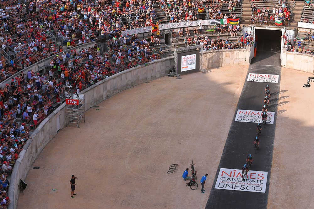 Riders leave the arena in Nimes