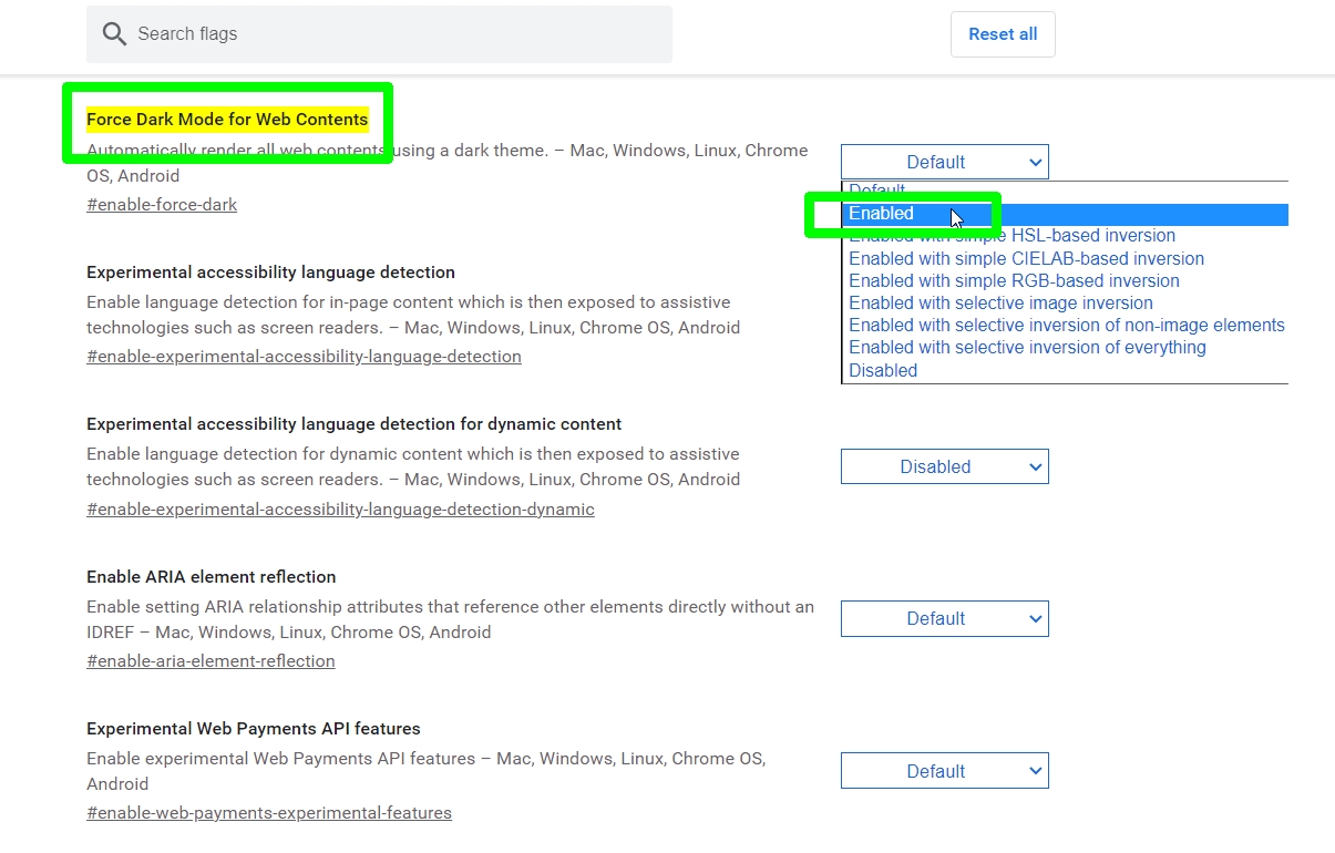 how to turn on Chrome dark mode - force