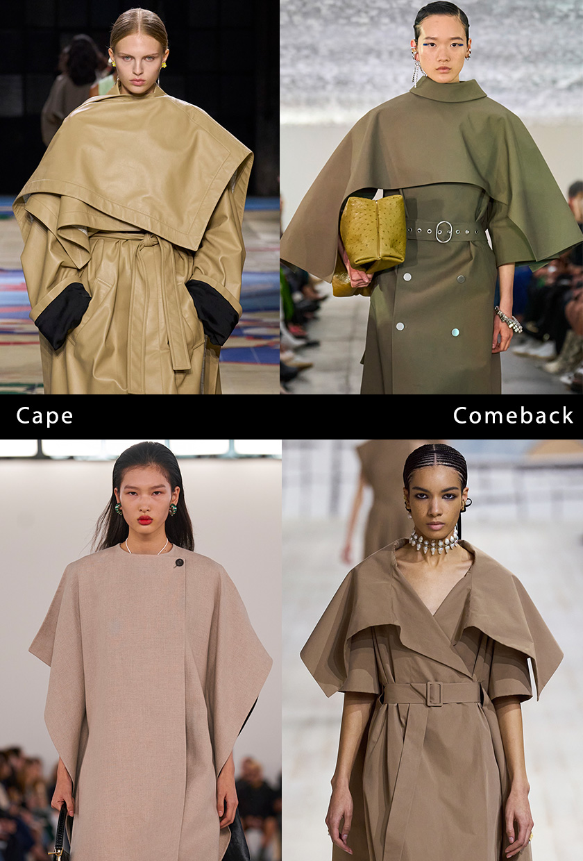 a collage of models on the runway wearing the spring jacket trend: capes