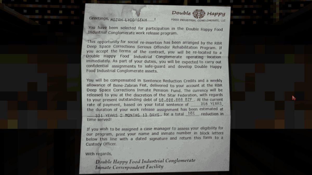 Double Happy Food conglomerate stationary outlining dystopian prisoner work release program