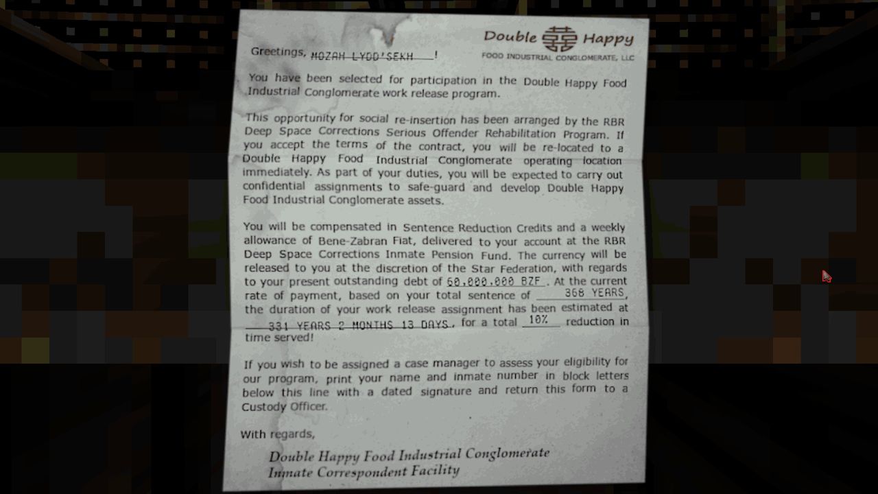 Double Happy Food conglomerate stationary outlining dystopian prisoner work release program