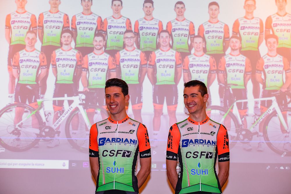 Giovanni Carboni and Luca Covili show off the 2019 Bardiani-CSF kit