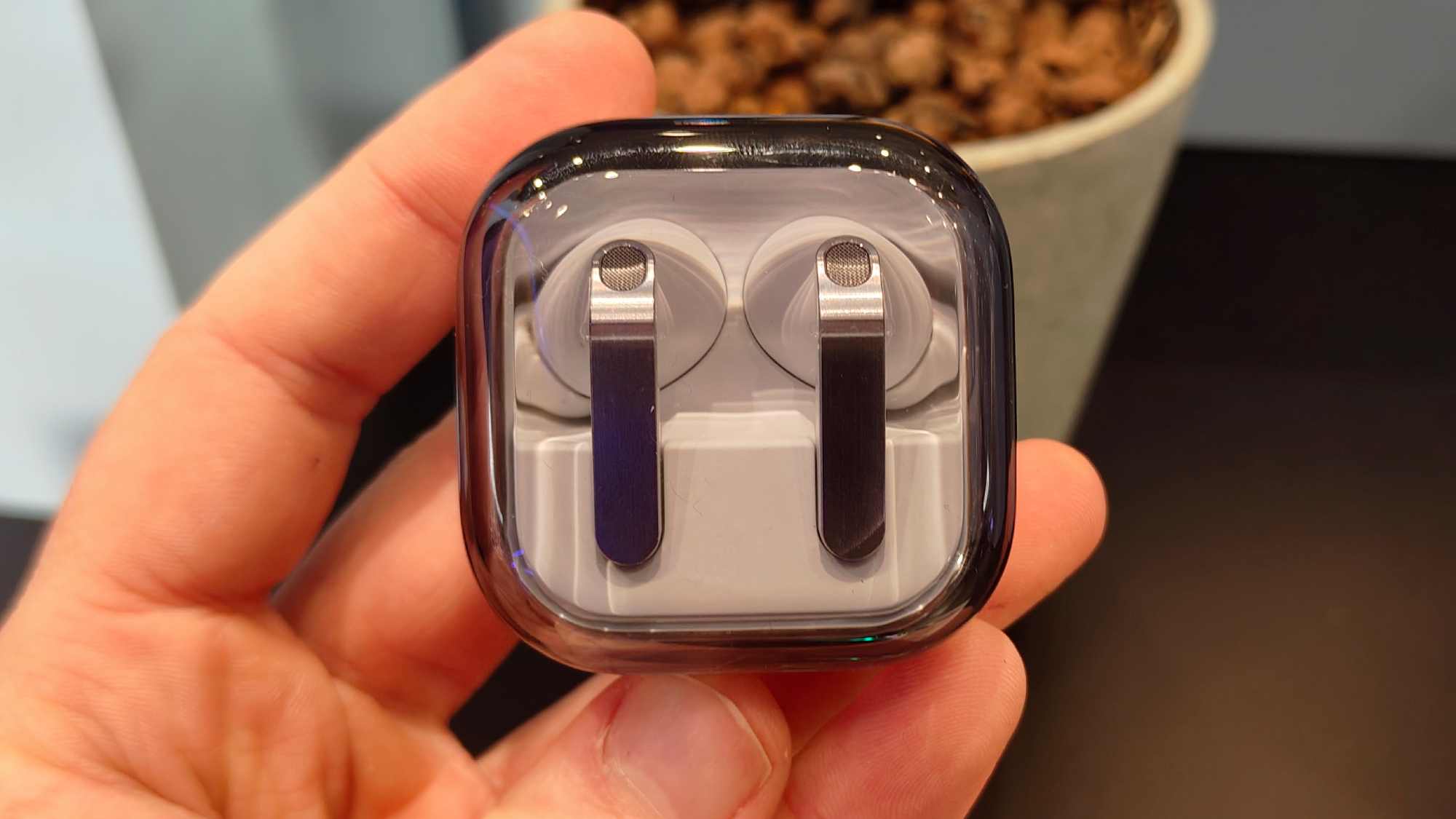 The Samsung Galaxy Buds 4 Pro in their carry case, with the lid closed.