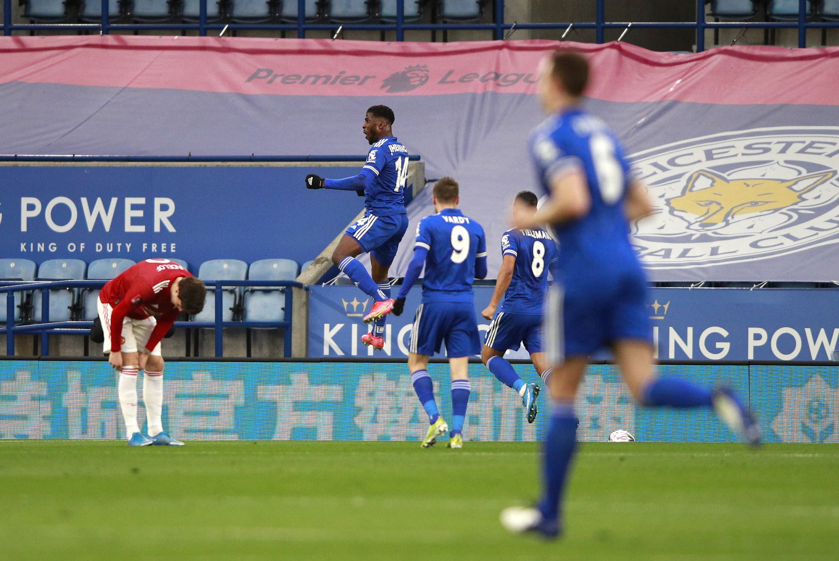 Kelechi Iheanacho celebrating his goal against Manchester United