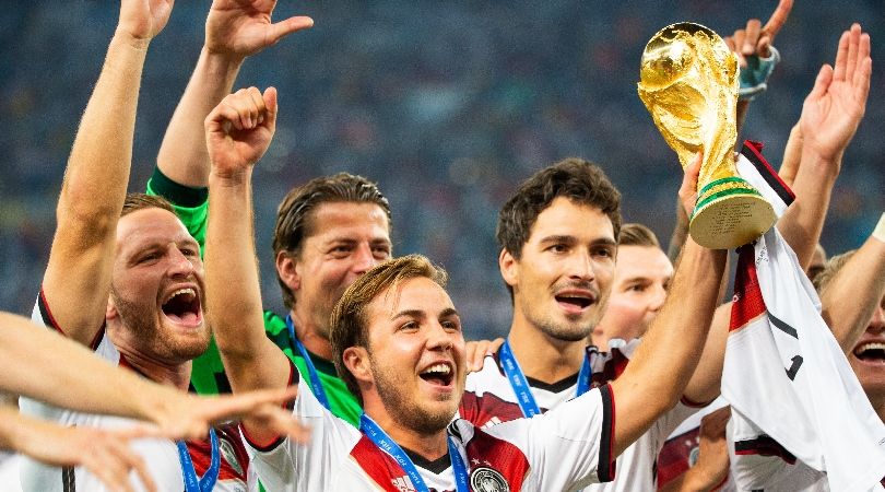 Mario Gotze celebrates with his Germany team-mates after their World Cup final win over Argentina in 2014.