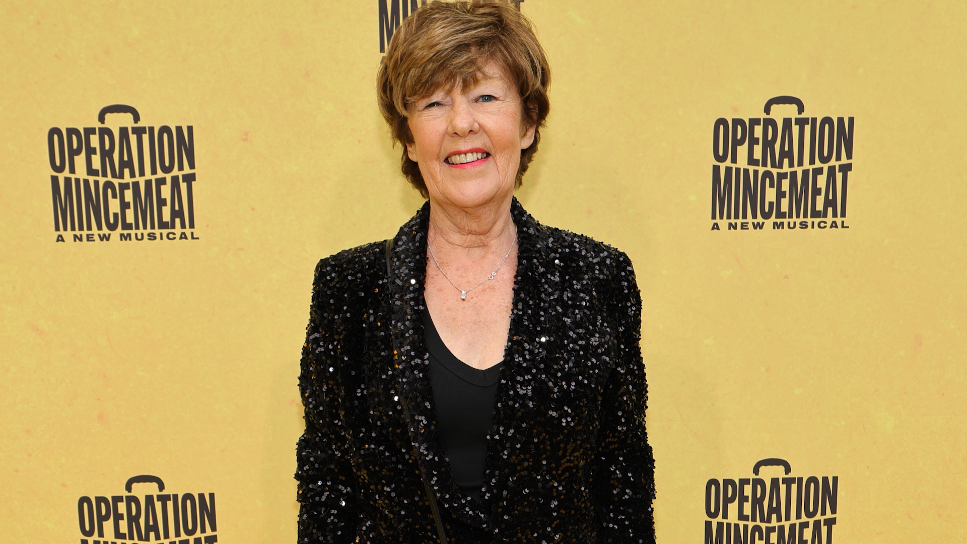 Jenny Arnold attends &quot;Operation Mincemeat&quot; Broadway Opening Night at Golden Theatre on March 20, 2025 in New York City, wearing a black sparkly suit