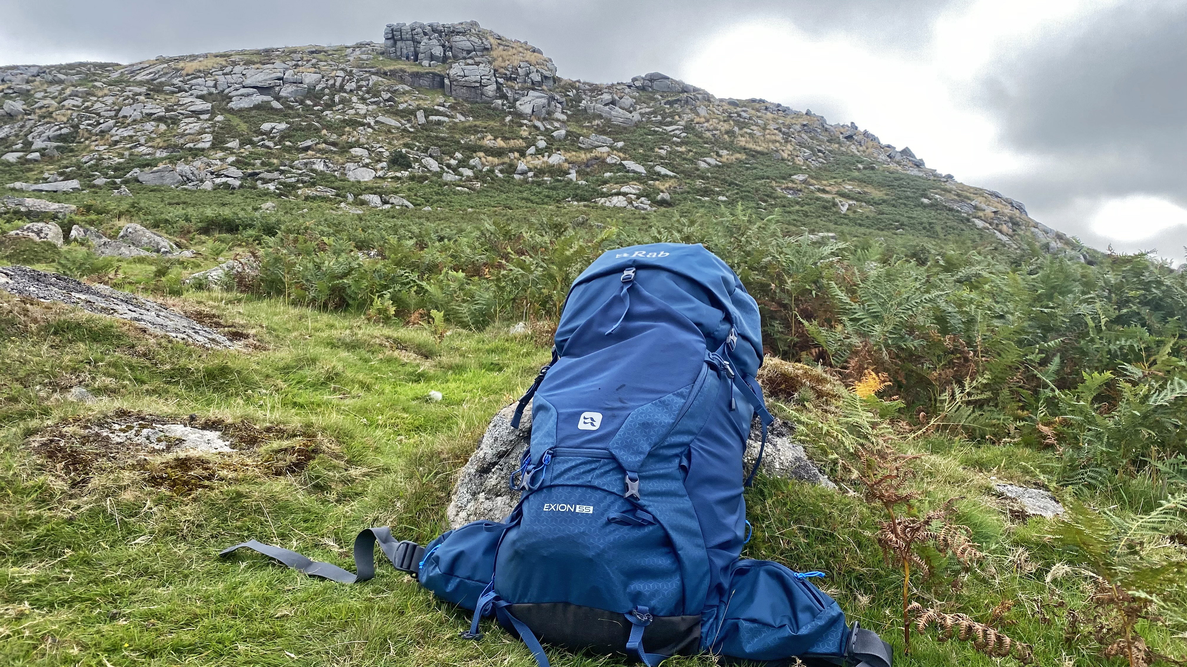 Rab Exion 55 Backpack below Sheep Tor on Dartmoor 