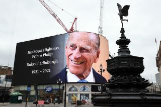 A large screen in Piccadilly Circus, London, before the gun salutes to mark the death of Prince Philip