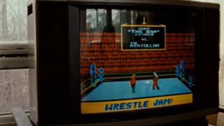 A TV with a wrestling video game on it in The Wrestler