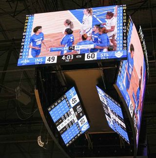 The new centerhung and LED displays are shown at Indiana State's basketball court.
