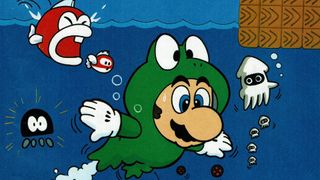 Mario swims around in a Frog Suit in art for Super Mario Bros. 3