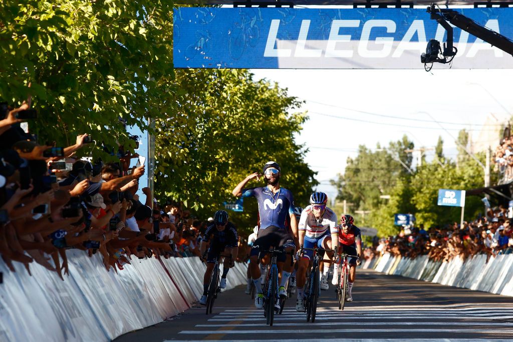 SAN JUAN ARGENTINA JANUARY 25 Fernando Gaviria of Colombia and Movistar Team celebrates at finish line as stage winner ahead of Peter Sagan of Slovakia and Team Total Energiesand Filippo Ganna of Italy and Team INEOS Grenadiers during the 39th Vuelta a San Juan International 2023 Stage 4 a 1965km stage from Autodrmo de Villicum to Barreal VueltaSJ2023 on January 25 2023 in San Juan Argentina Photo by Maximiliano BlancoGetty Images