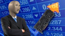The 'stonks' meme showing a rising graph with an AMD graphics card superimposed over it.