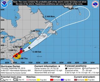 Forecast path of Hurricane Dorian as of Sept. 5, 2019.