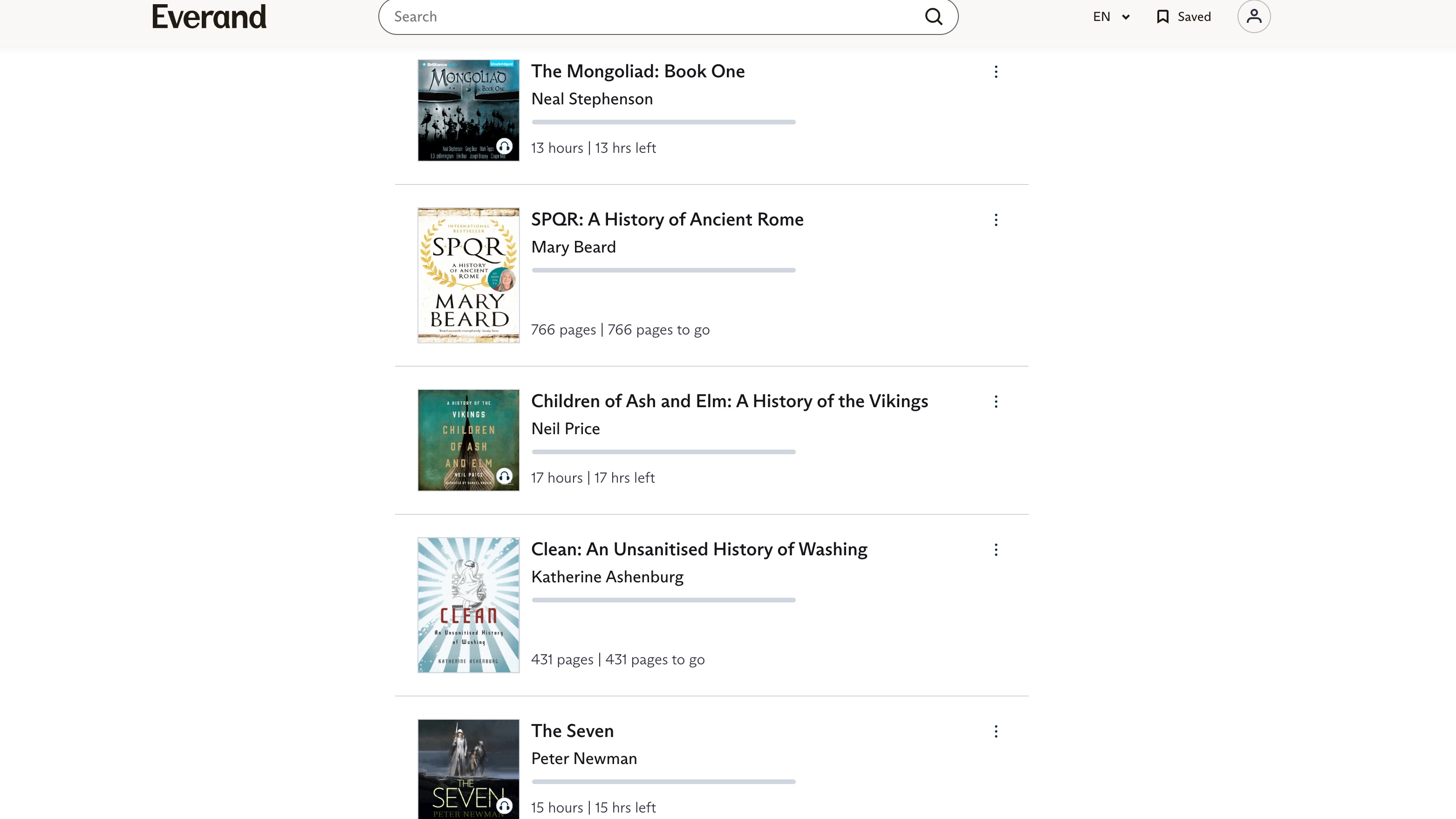 An Everand save list with ebooks and audiobooks