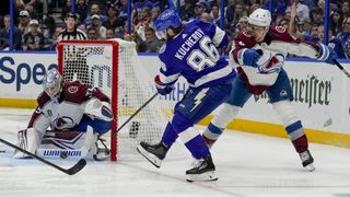 Tampa Bay Lightning right wing Nikita Kucherov (86) skates around the net for a wrap around goal attempt during the NHL Hockey Stanley Cup Finals
