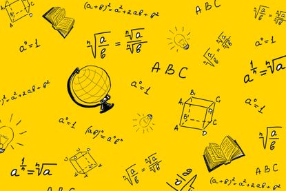 Math and learning images penciled on bright yellow backdrop, images include globe and algebra equations