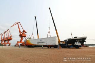 Components of the Long March 7 rocket that will launch China's Tianzhou 6 cargo mission to the Tiangong space station arrived at the Wenchang Satellite Launch Center on Hainan island on April 13, 2023. 