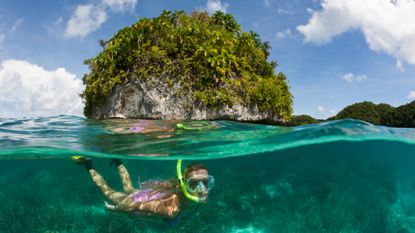 A tourist diving in the waters at Palau