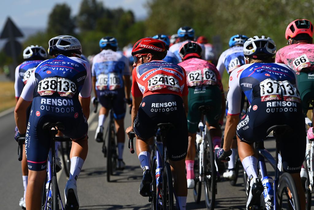 TOMARES SPAIN SEPTEMBER 06 Remco Evenepoel of Belgium and Team QuickStep Alpha Vinyl Red Leader Jersey competes during the 77th Tour of Spain 2022 Stage 16 a 1894km stage from Sanlcar de Barrameda to Tomares LaVuelta22 WorldTour on September 06 2022 in Tomares Spain Photo by Tim de WaeleGetty Images