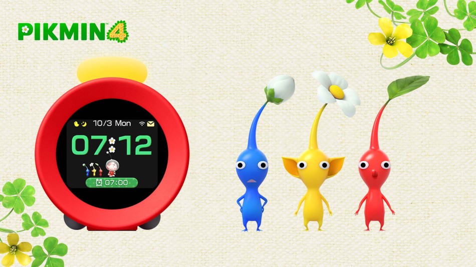 The Nintendo Alarmo sound clock next to three Pikmin