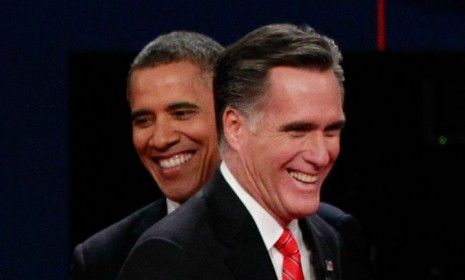 President Obama and GOP nominee Mitt Romney share a laugh during the first presidential debate on Oct. 3: Of course, there weren&amp;#039;t many laughs during the testy debate.