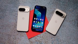 Google Pixel 9a next to Pixel 9 and 9 Pro