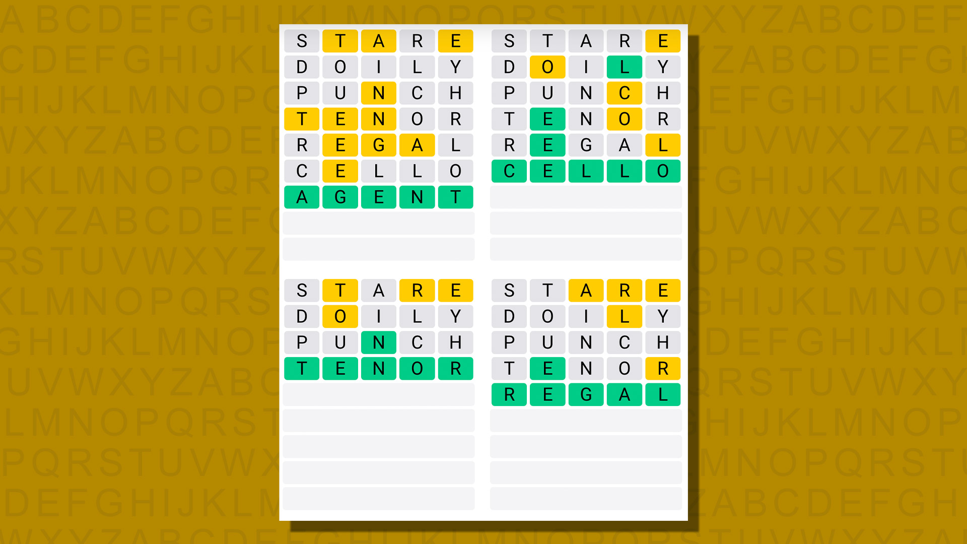 Respuestas de Quordle para el juego 789 sobre un fondo amarillo