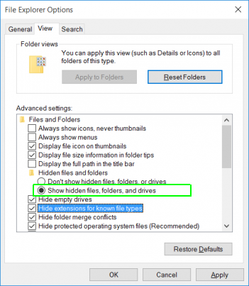 Toggle Hidden files and folders to show hidden files, folders and drives.