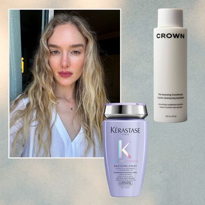 a blonde woman with red lipstick in a white shirt on a light blue and gold background next to a purple bottle of shampoo and a white bottle of shampoo