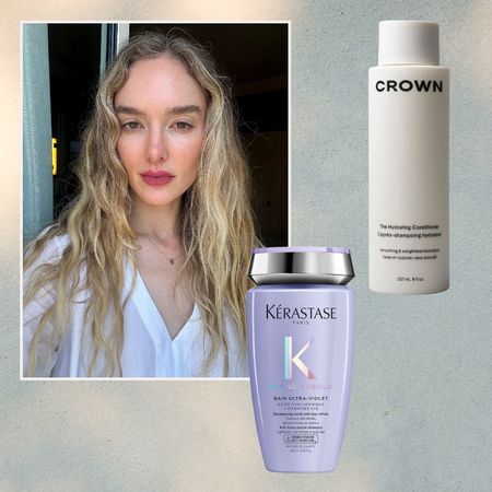 a blonde woman with red lipstick in a white shirt on a light blue and gold background next to a purple bottle of shampoo and a white bottle of shampoo