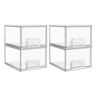 4 Clear Stackable Storage Drawers stacked two by two on a white background