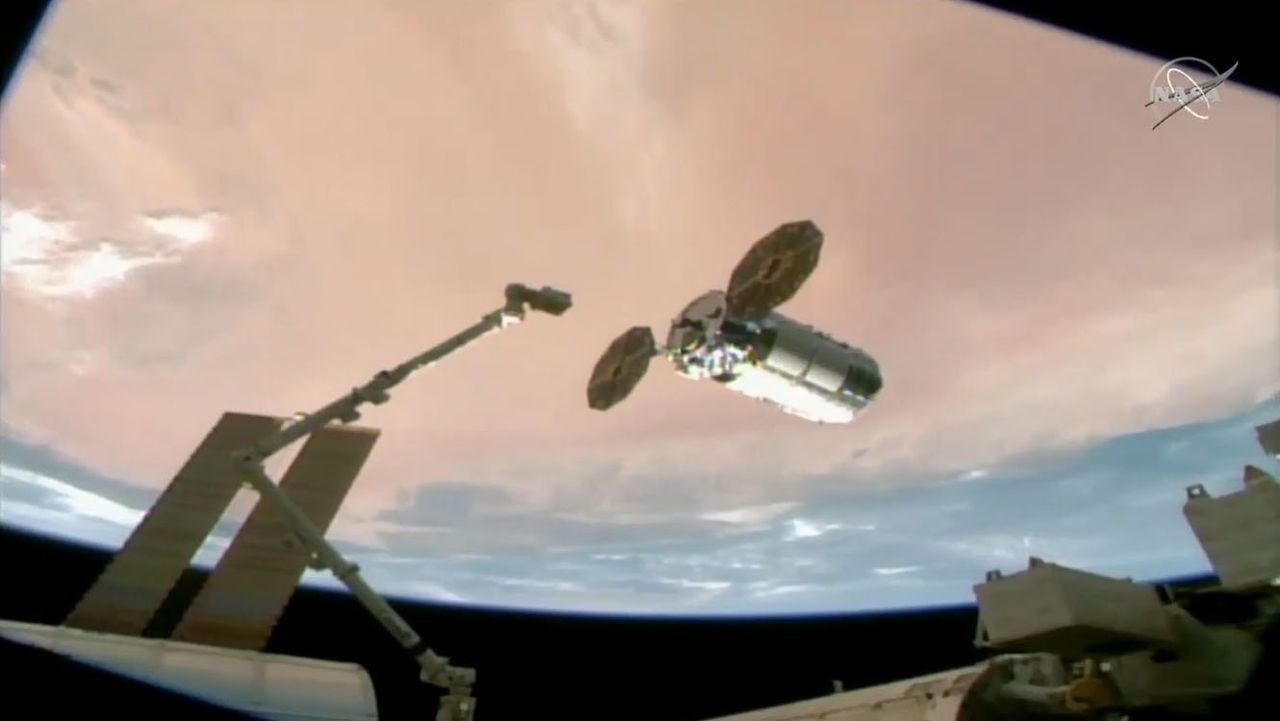 The Northrop Grumman Cygnus NG-15 cargo ship arrives at the International Space Station on Feb. 22, 2021 in this view from a camera on the station's exterior.