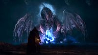 A warrior confronts a massive, menacing dragon emitting blue fire in a dark, cavernous setting, evoking a tense and epic fantasy battle atmosphere.