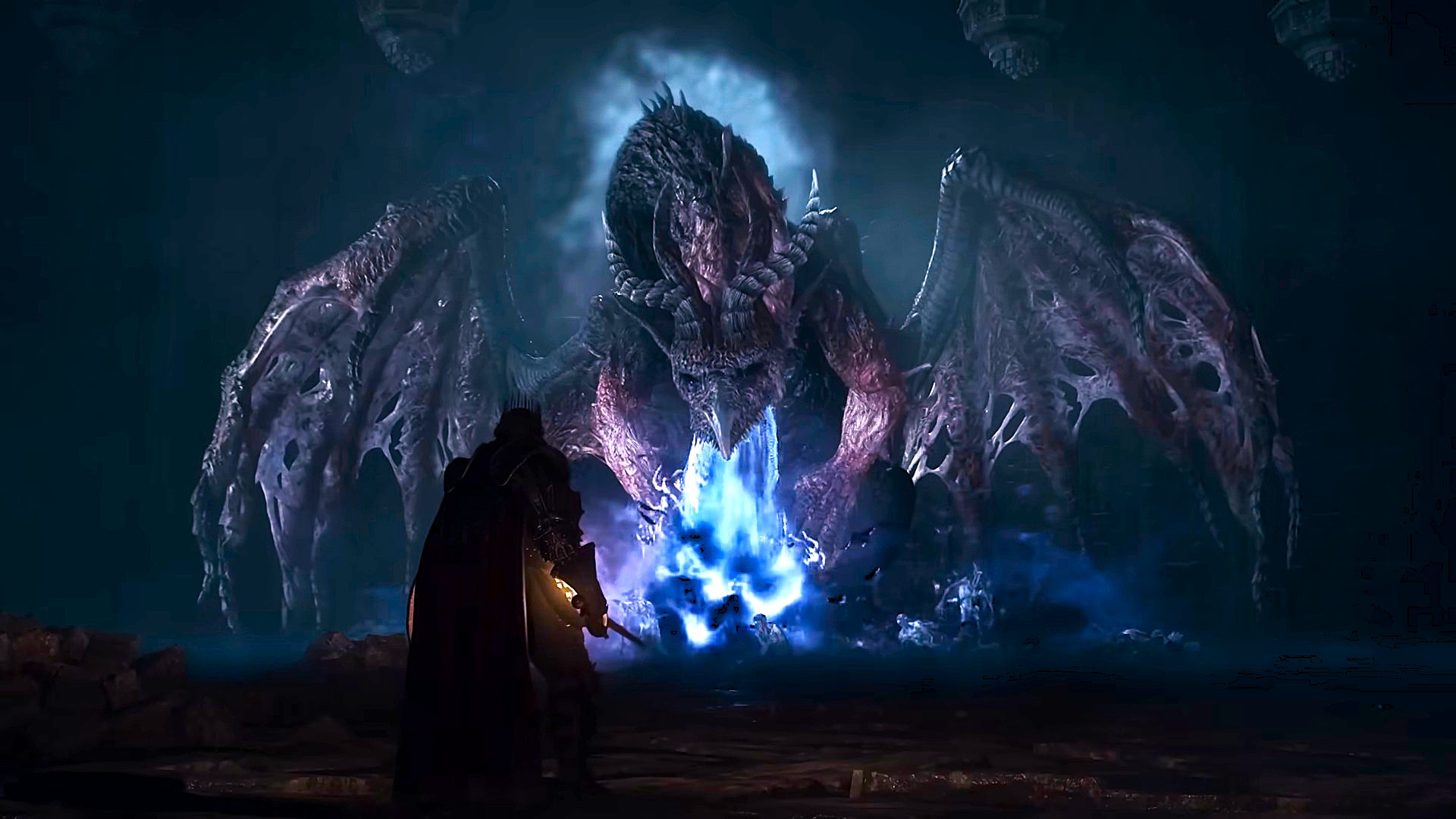 A warrior confronts a massive, menacing dragon emitting blue fire in a dark, cavernous setting, evoking a tense and epic fantasy battle atmosphere.
