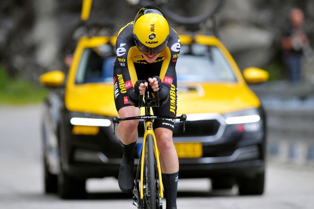 CASCATE DEL TOCE ITALY JULY 05 Julie Van De Velde of Belgium and Jumbo Visma Team during the 32nd Giro dItalia Internazionale Femminile 2021 Stage 4 a 112km Individual Time Trial from Fondovalle to Cascate Del Toce 1714m ITT GiroDonne UCIWWT on July 05 2021 in Cascate Del Toce Italy Photo by Luc ClaessenGetty Images