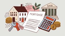 Hand-painted illustration featuring a mortgage document, house, keys, bank, calculator, coins, and financial symbols