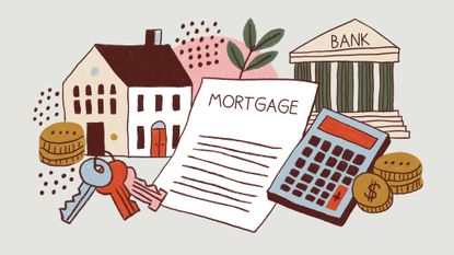 Hand-painted illustration featuring a mortgage document, house, keys, bank, calculator, coins, and financial symbols